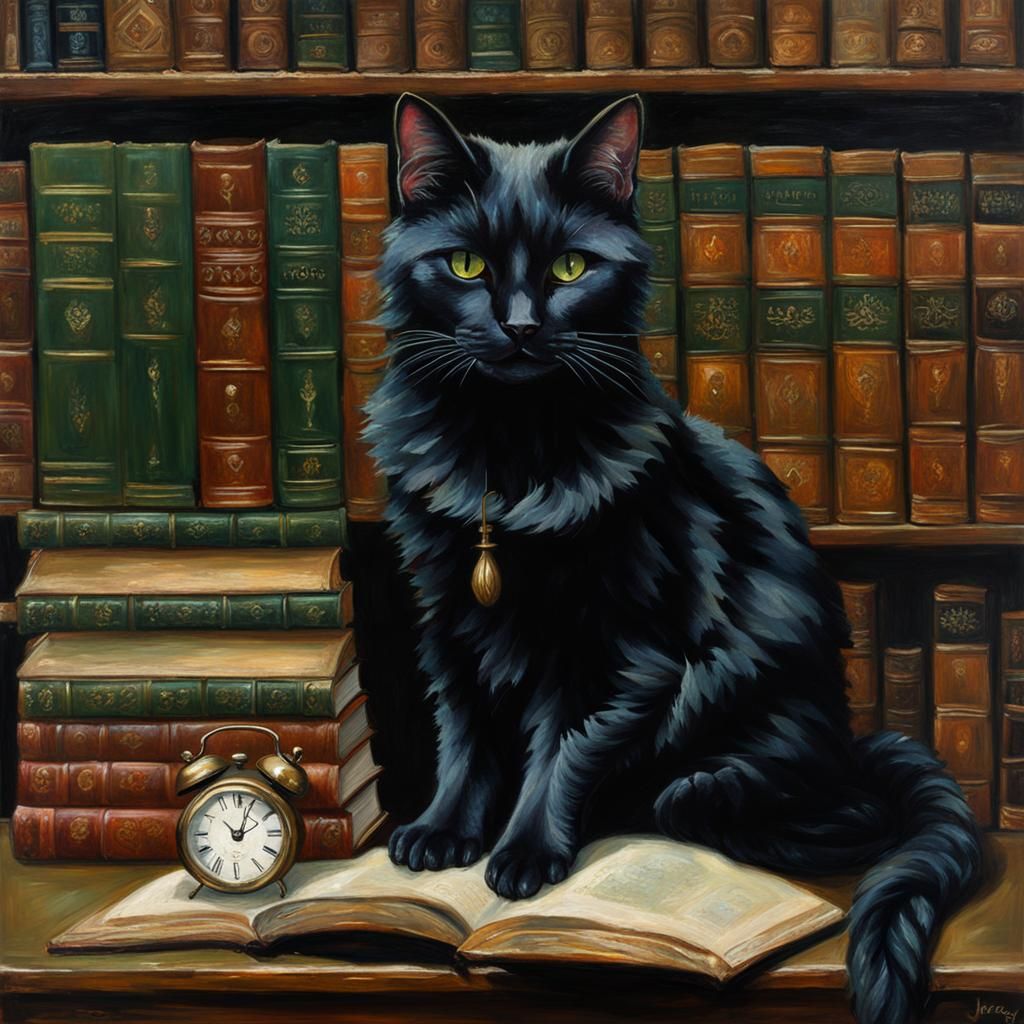victorian library fluffy black cat green eyes books bookshel...