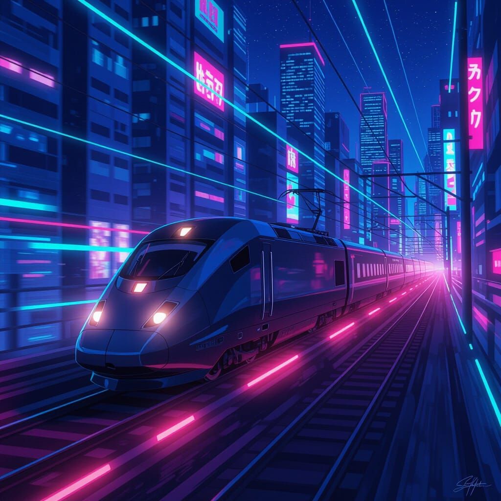 Bullet Train Speeds Through Neon Cityscape at Night