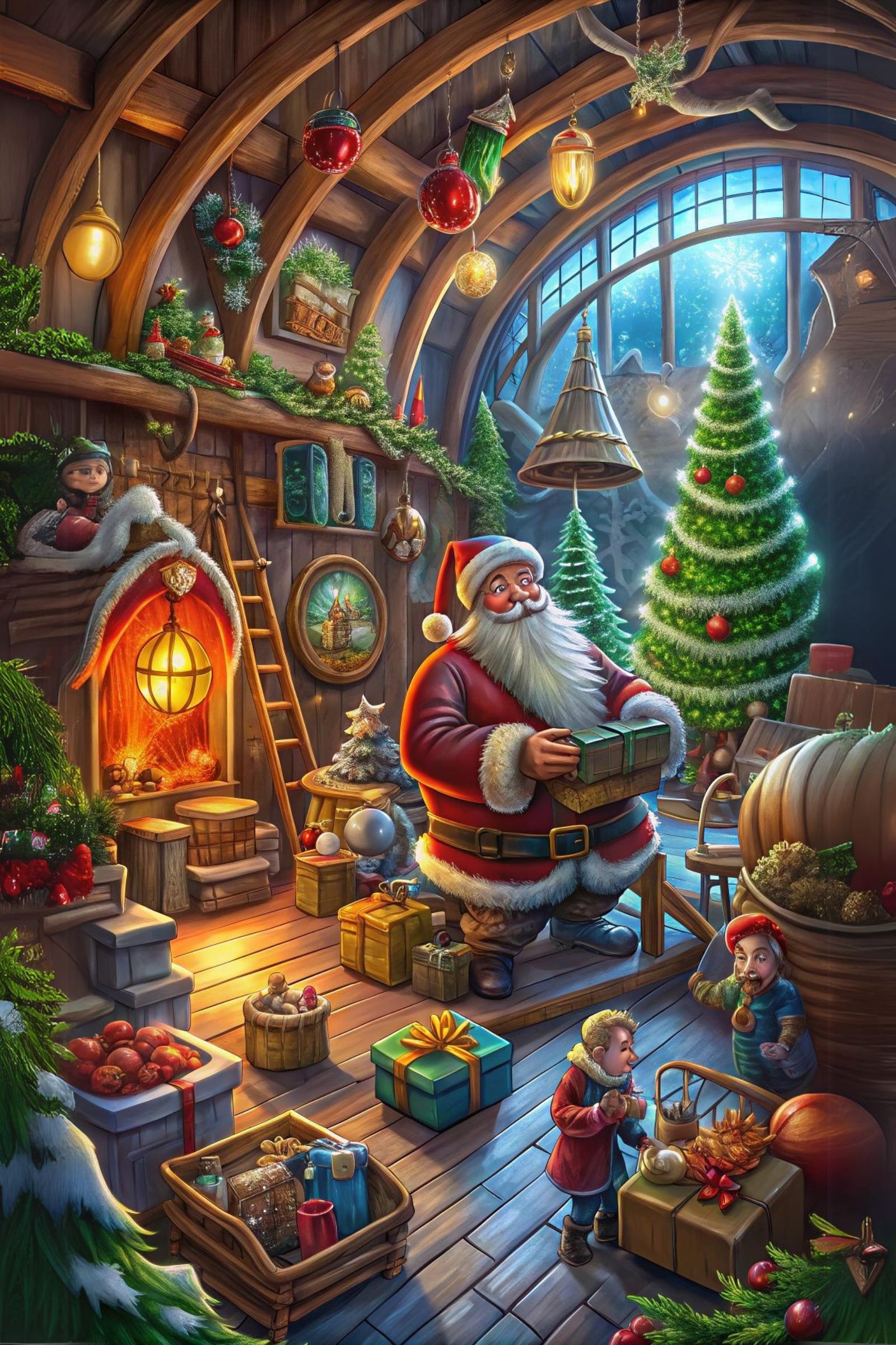 Santa and his elves in his workshop getting ready for Christ...