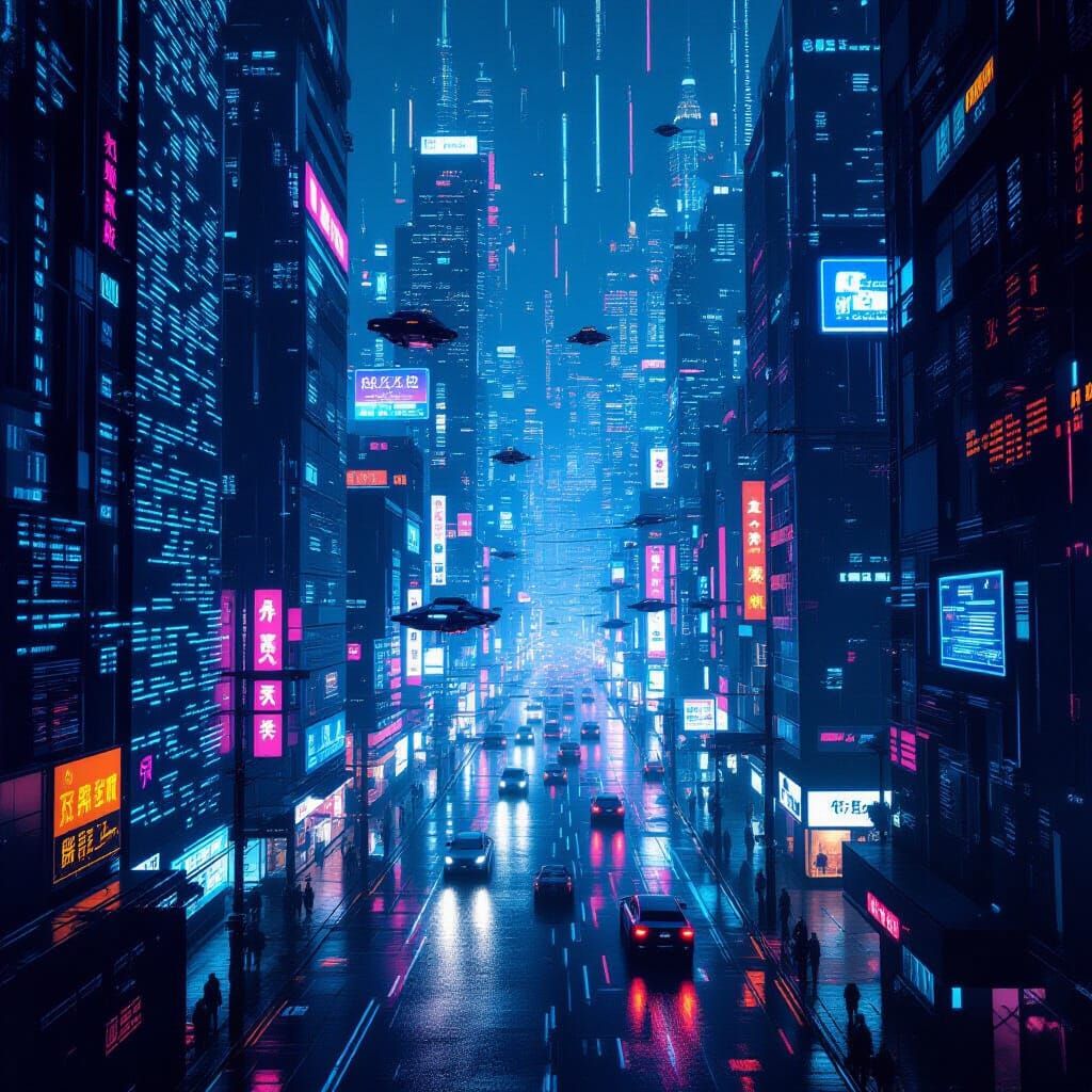 A bustling cyberpunk city at night, where skyscrapers are constructed from holographic circuit boards and neon-lit data cables snake between...