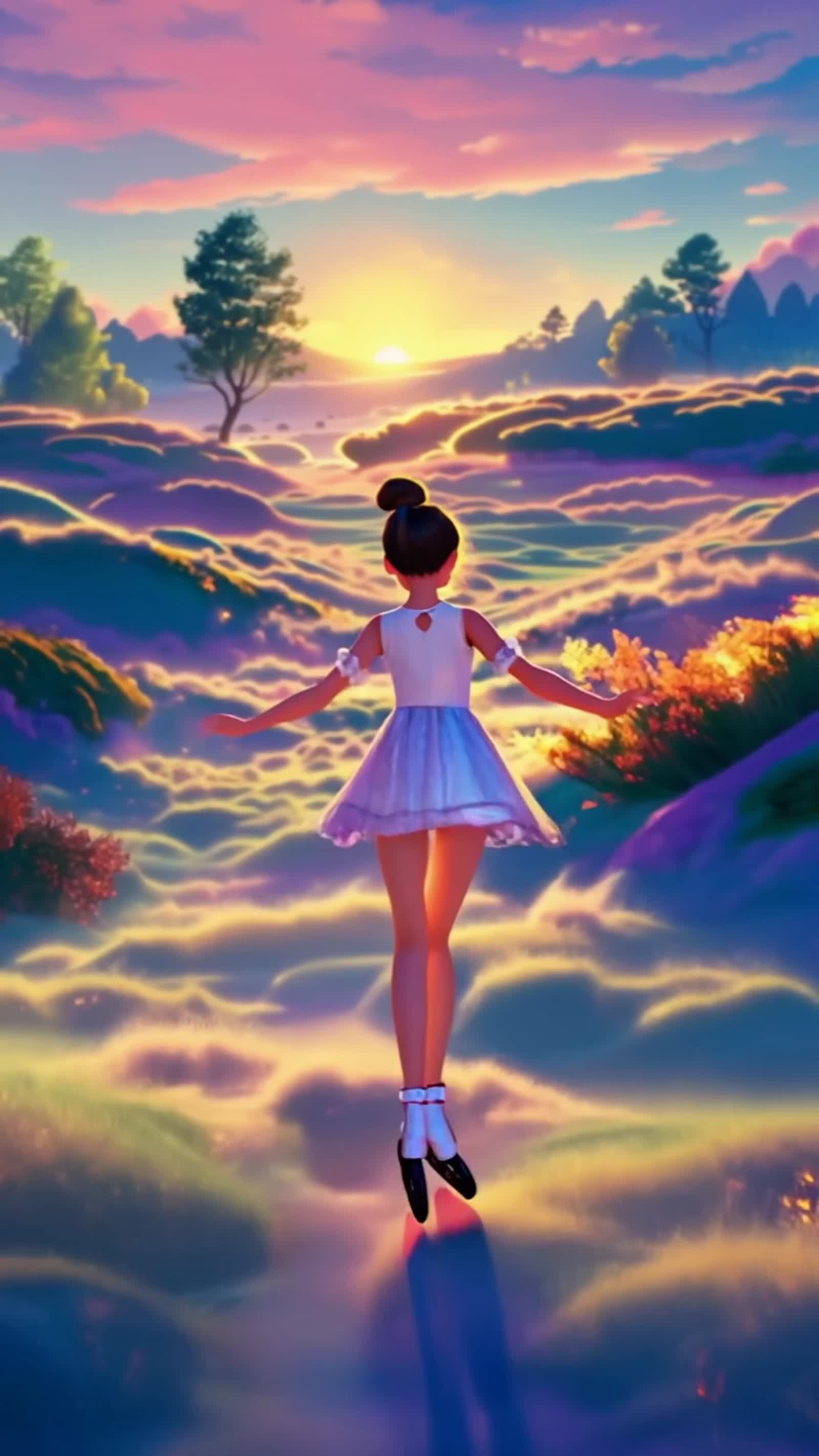 "Roller-skating girl glowing with golden energy, sparkling heart trails, dreamy sunset, smooth motion blur, cinematic an...