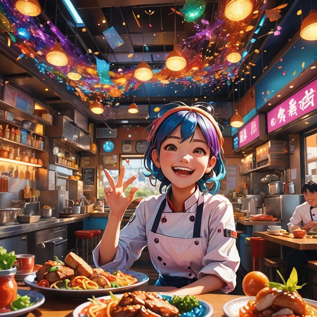 Chef Girl Laughing in Lively Anime Restaurant