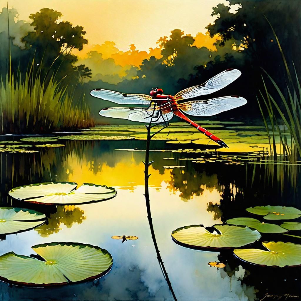 Abstract watercolor painting, The red-veined darter (Sympetrum fonscolombii) mixed media, perched on a twig with an expansive pond in the ba...