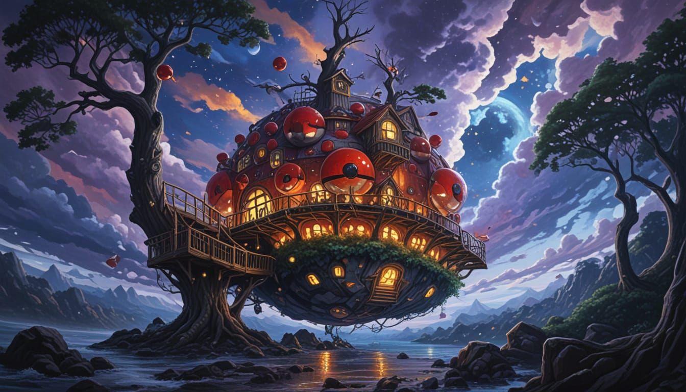 A big pokeball treehouse with seven levels high oil painting!