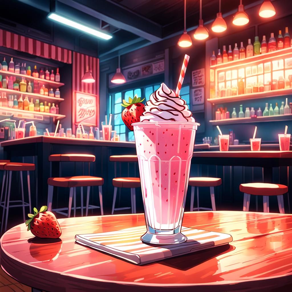strawberry milkshake, with a striped straw, on a table, bar ...