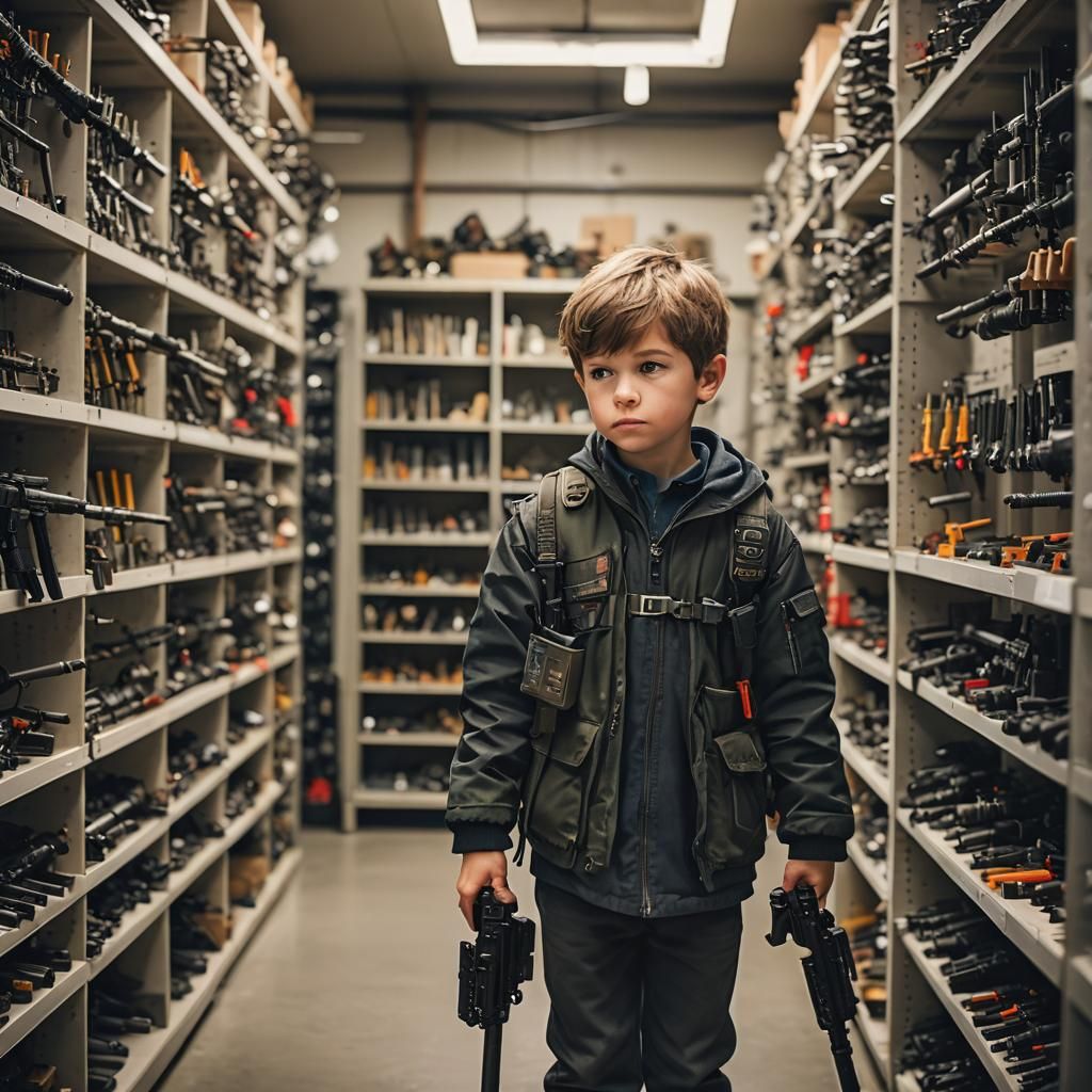 Little boy, in a weapon room