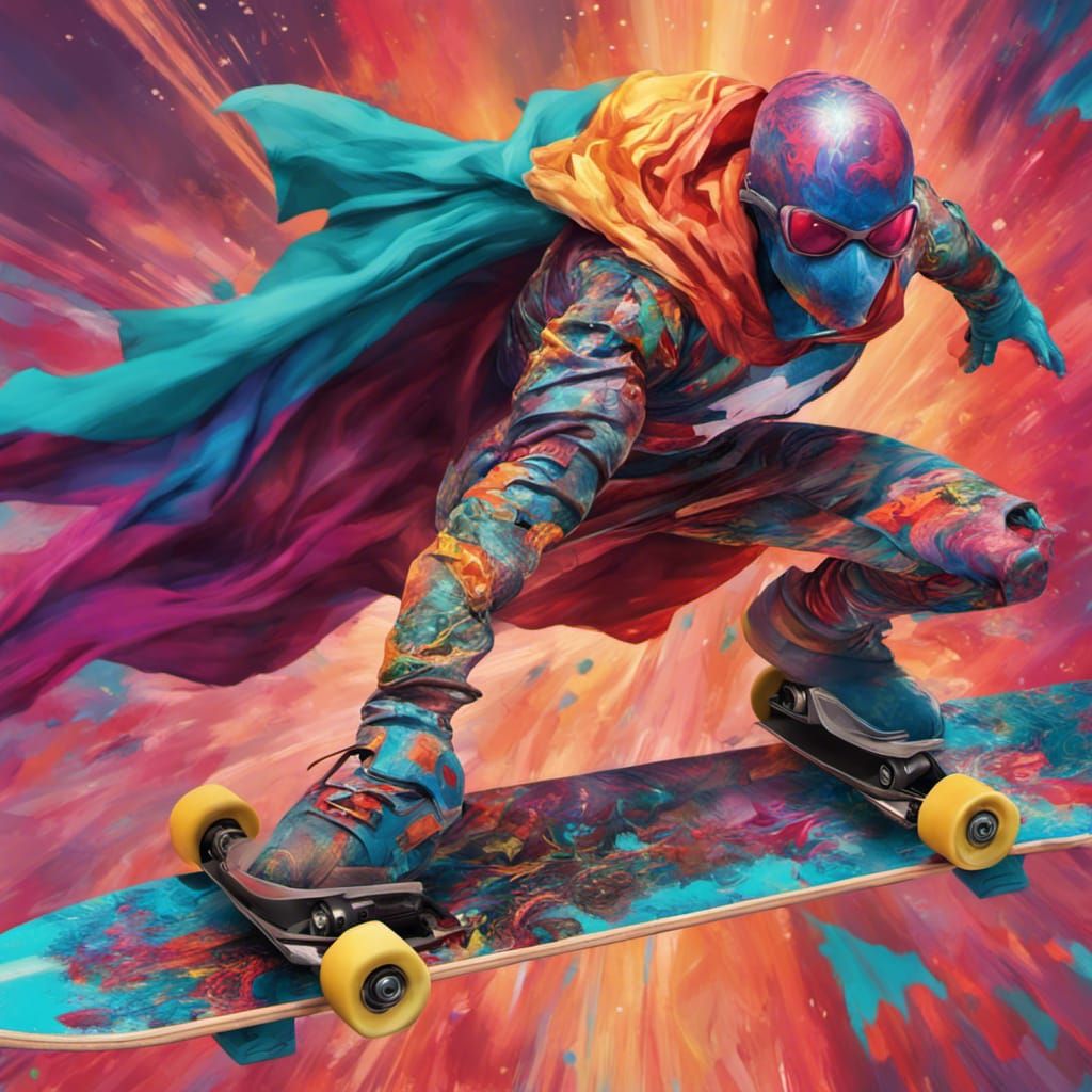 A superhero in colorful cloths on a jet powered skateboard
