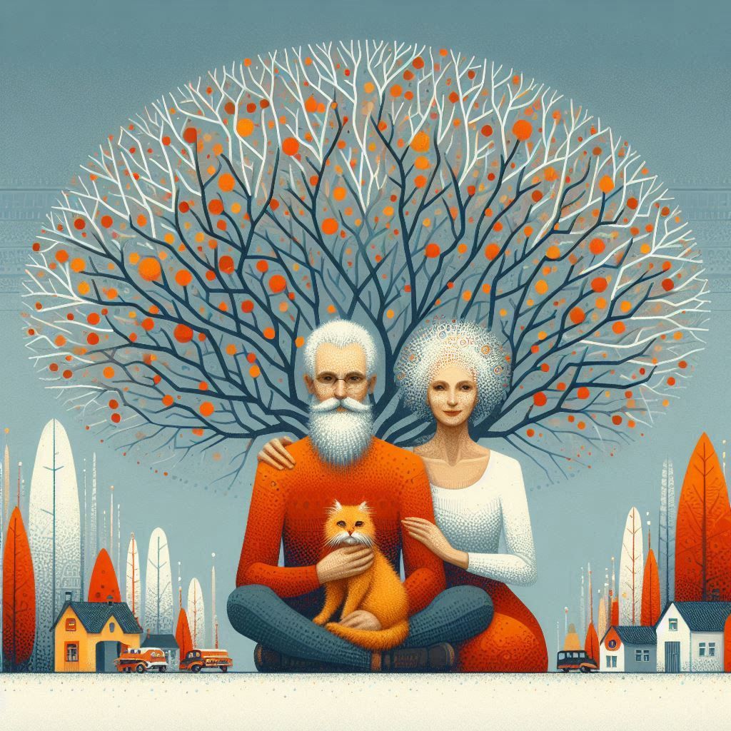 Impressionist minimalist dieselpunk painting of an mature couple sitting together with a ginger cat.