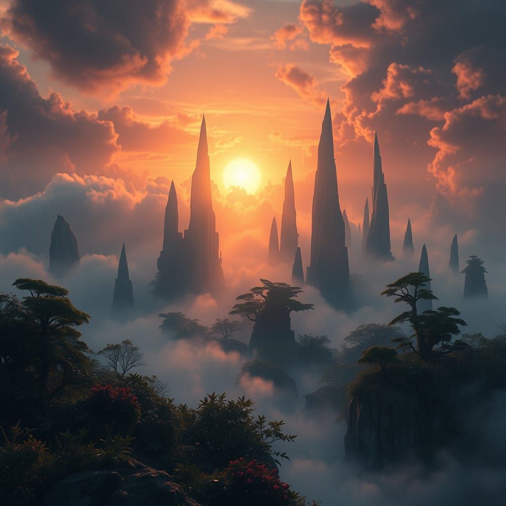 Mystical Realm in Golden Sunset Haze