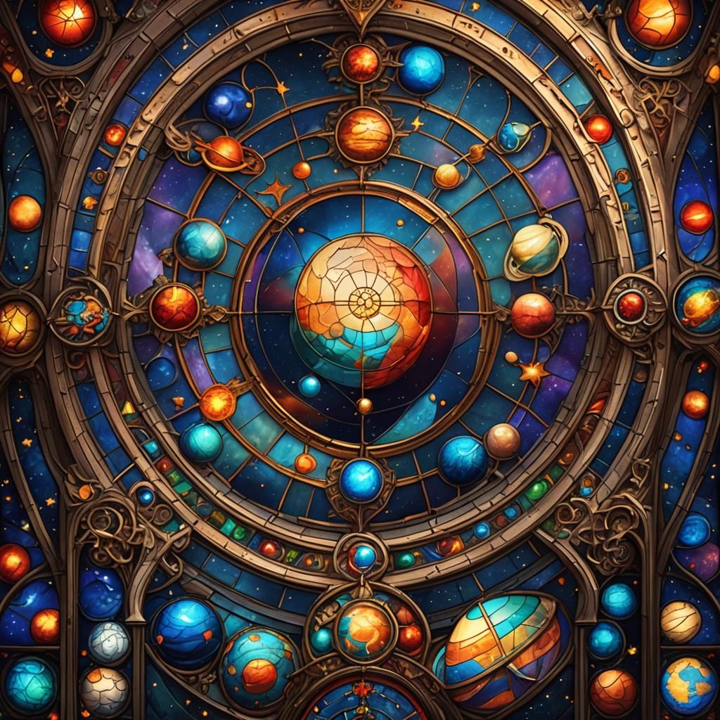One stained glass window with a celestial theme, showing pla...