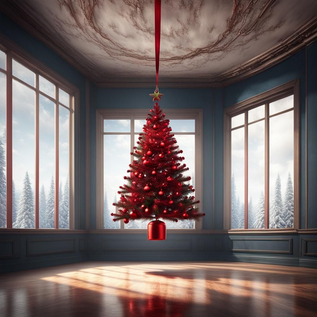A single Christmas tree red ornament suspended from a thread in empty room