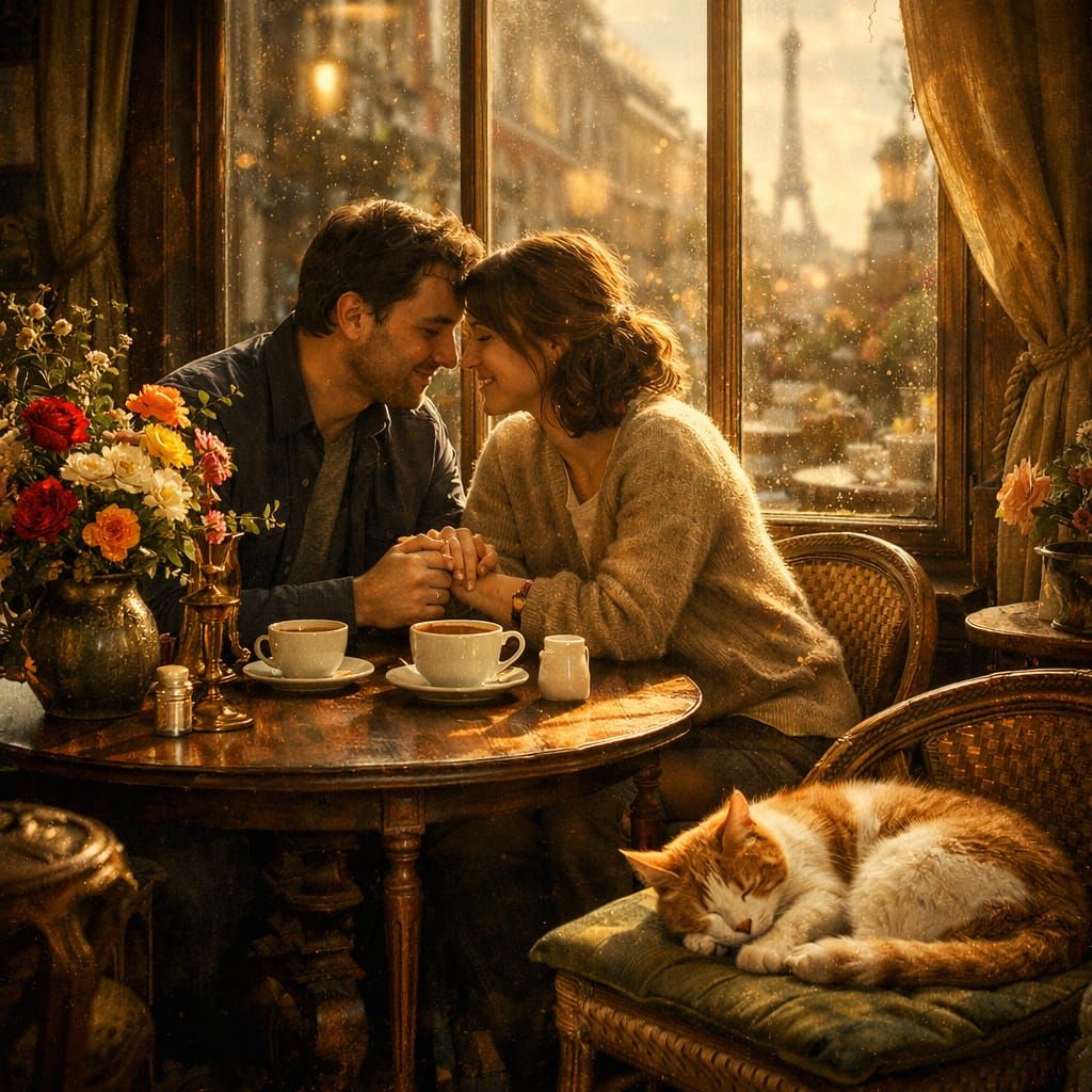 A Quiet Café Scene A cozy, sun-drenched Parisian cafe scene, with a couple sharing a quiet moment over ...  by @Lennis