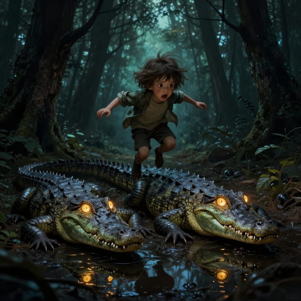 Child Flees Crocodiles in Dark Fantasy Forest
