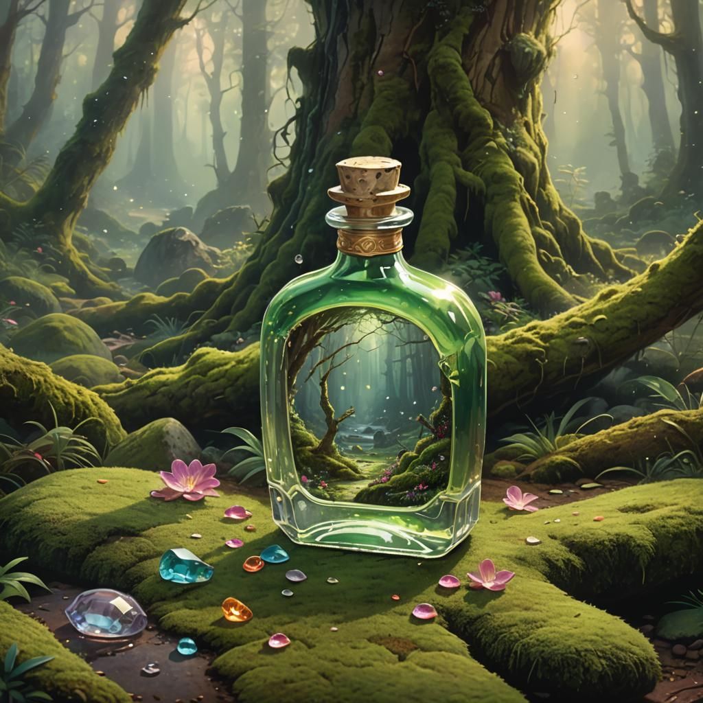 Ethereal Forest Perfume Bottle in Digital Painting Style