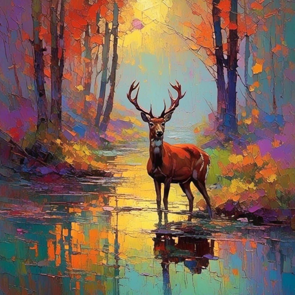  deer reflections tree landscape palette knife impasto <lora:Impasto Landscapes:1.0> 