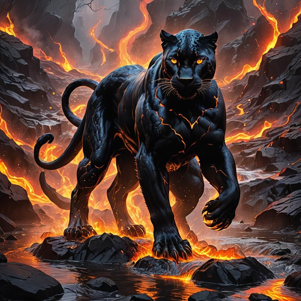 Lava Panther in Volcanic Landscape, Digital Art