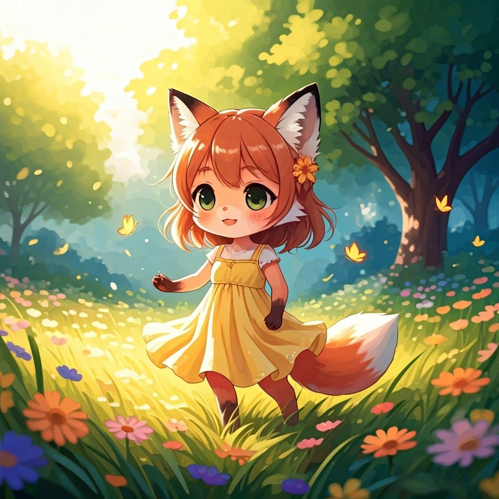 Chibi Fox Chasing Butterflies, Anime Watercolor Style