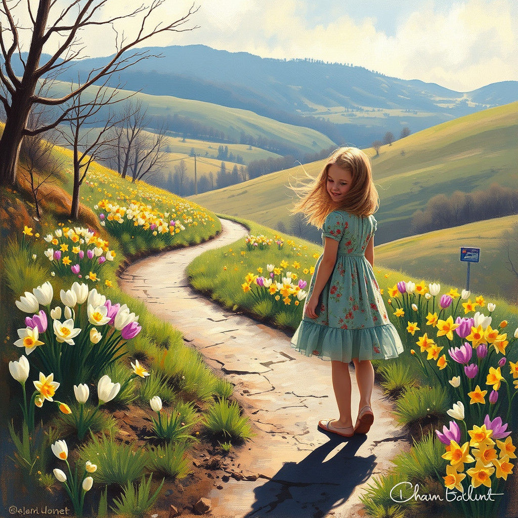 Spring Girl in Floral Dress: Impressionist Painting