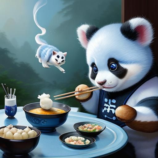 adorable baby kung fue panda kitten with big blue eyes eatin...