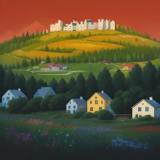 white beautiful houses among mountains and forests, next to ...