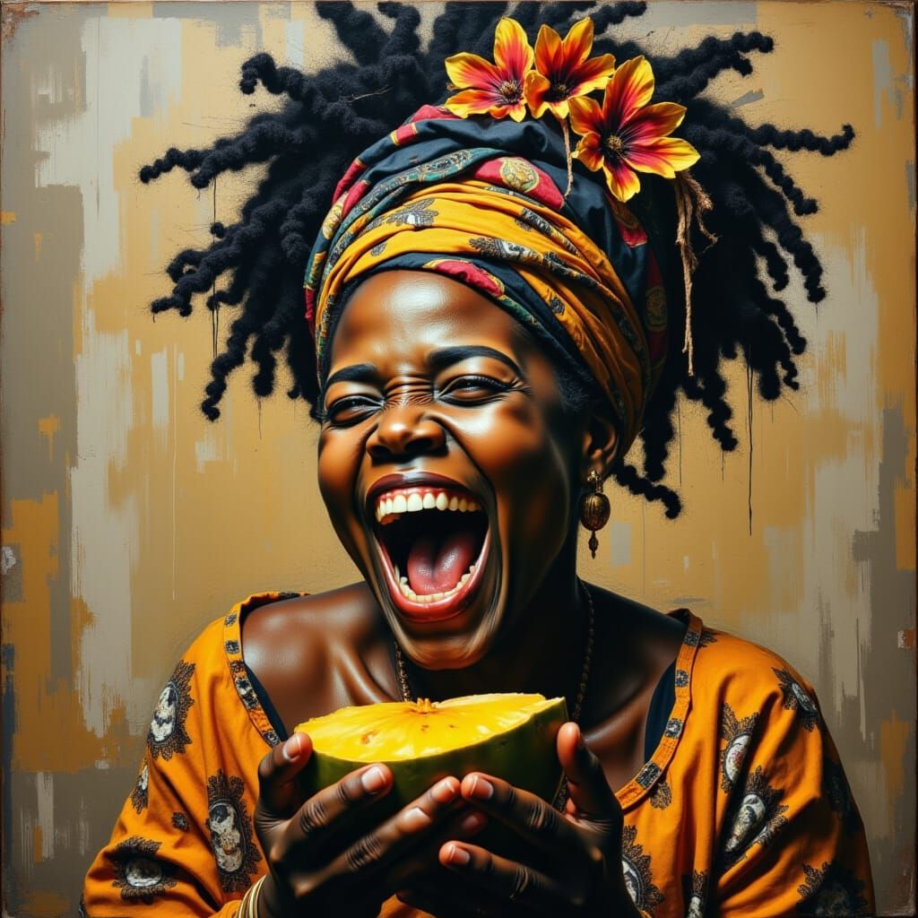 <lora:Nubian Queen:1.0> laughing, eating mango