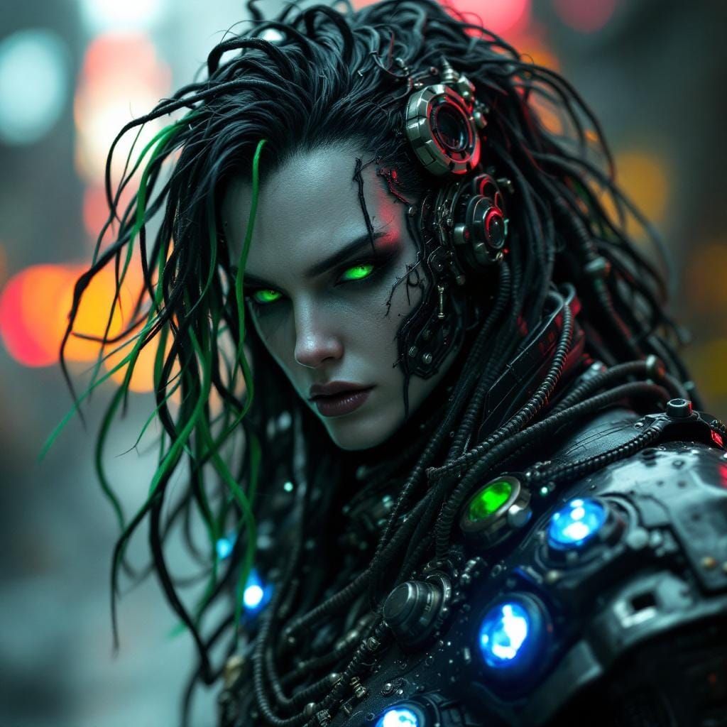 extreme close-up shot of [Spawn|Venom|Violator|Morbius the Living Vampire] with long black and Green hair and as one character with cyberpun...