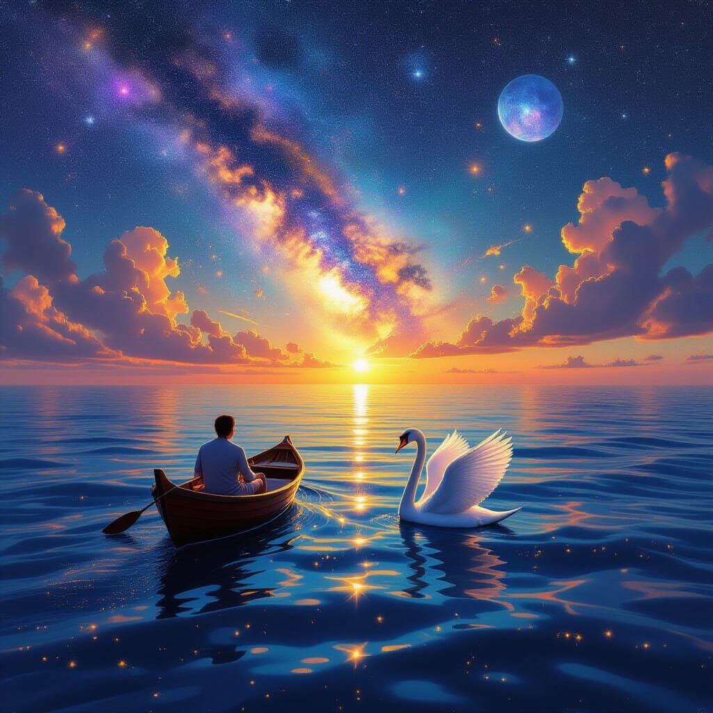 Swans Enjoying the Sea in Cosmic Gouache Colors
