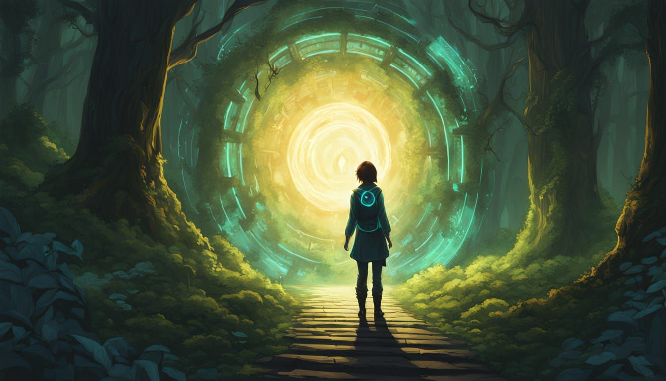 A girl discovering a hidden portal in a dense, ancient forest. 