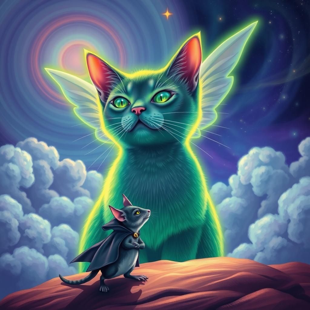 Psychedelic neon green cosmic zen  cat angel  on the backgro...