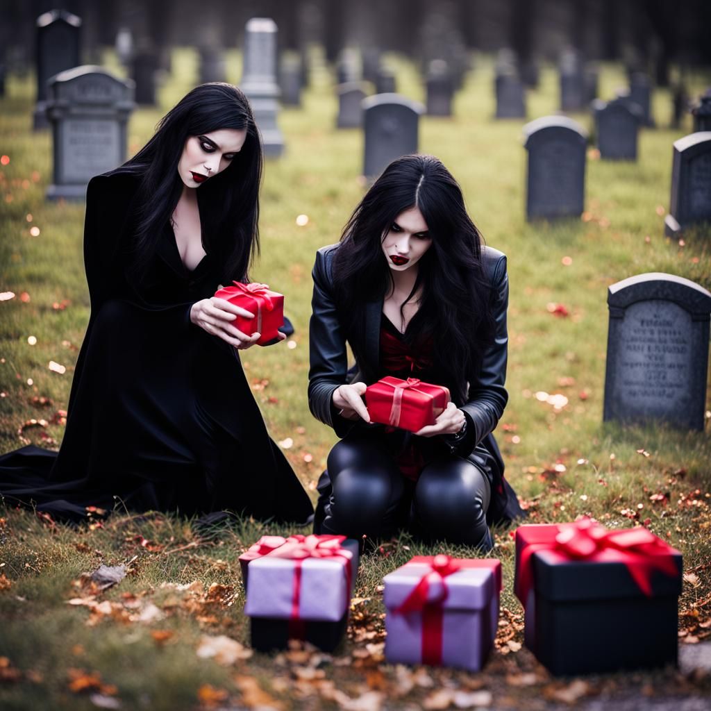 Vampires opening gifts in a graveyard