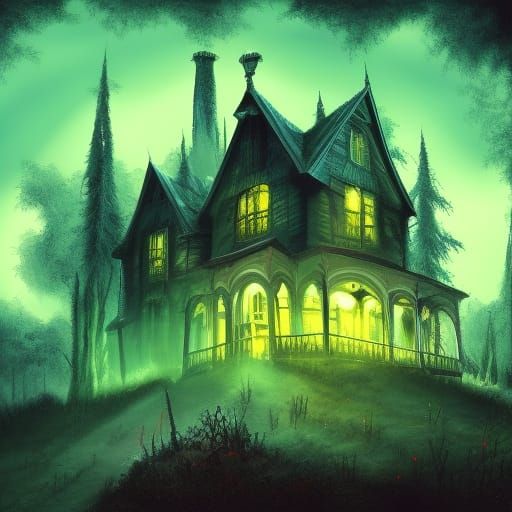 Scary haunted house under the full moon;

green and teal ; 
...