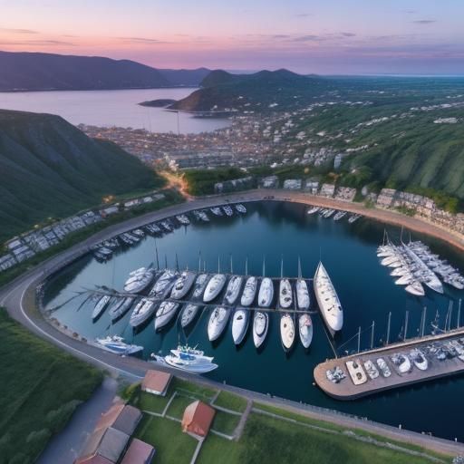Drone view of a fantasy harbour full of boats. Beautiful lan...