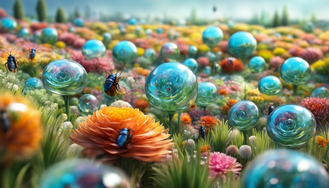 artificial glass landscape, surrealism, flowers fields and insects made of long spiral and round colored glass textures, close up view, phot...