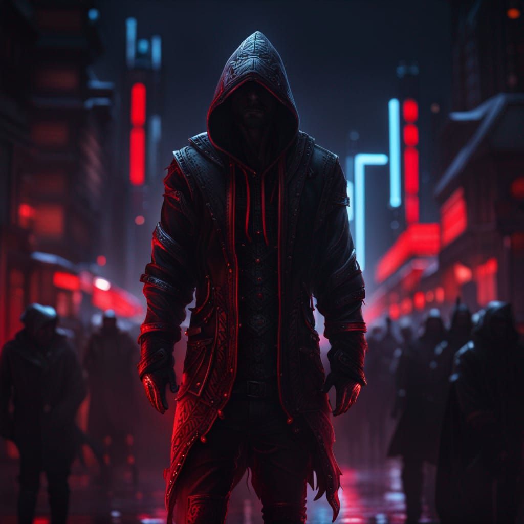 Dark assassin in a cold night between the crowd neon black and red ...