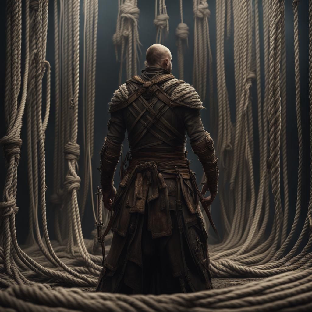 Surrounded by hundreds of ropes a single lone warrior stands