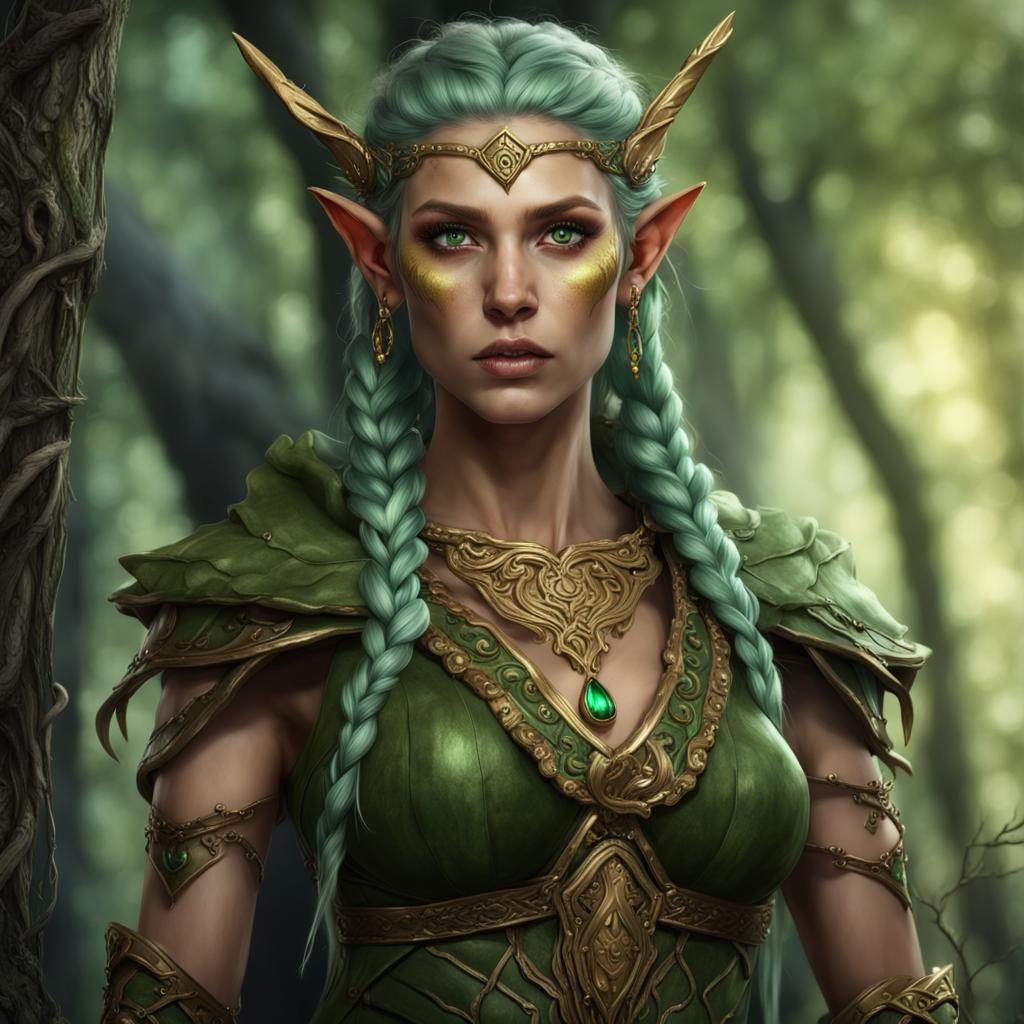 Female wood elf Druid with gold eyes and green half braided hair 