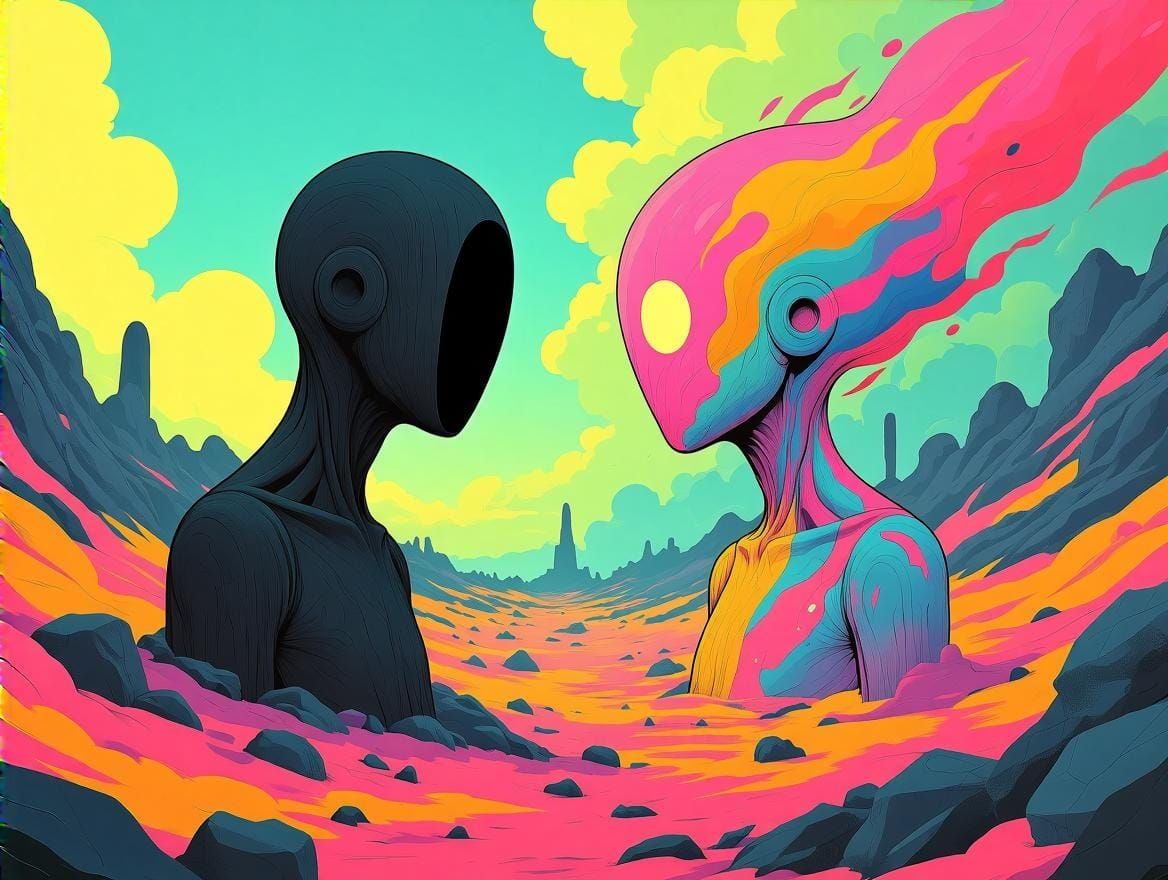  Taciturn versus Pellucidity - Personified as elemental beings in a struggle, style is a mix of vibrant comix and graffuturism with geometri...