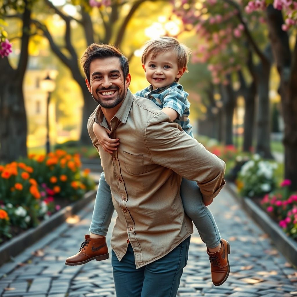 A dad giving his son a piggy back ride strolling down a cobblestone street in a park  by @Kelli Benjamin-Limae Creations