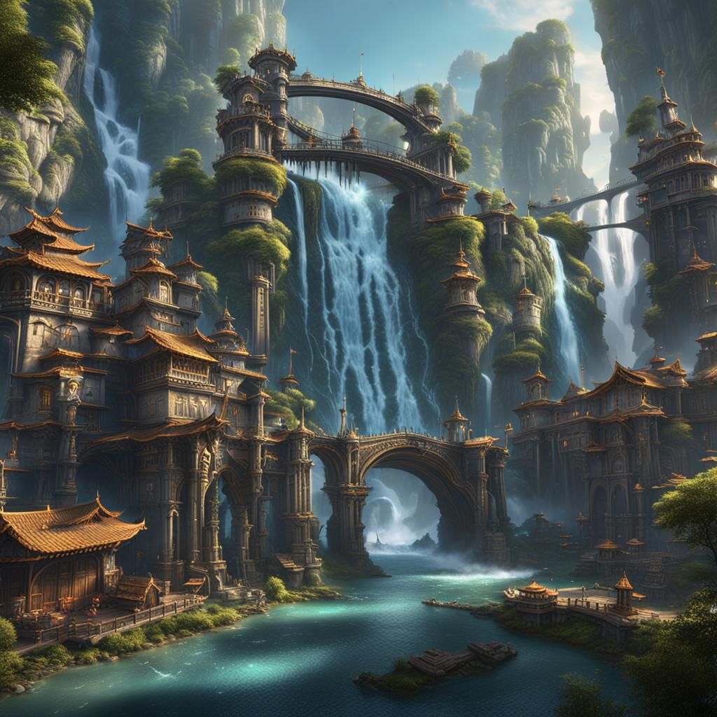 Fantastical Waterfall City Concept Art