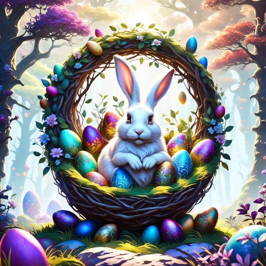 White rabbit, sitting in a nest of colorful Easter eggs, glo...
