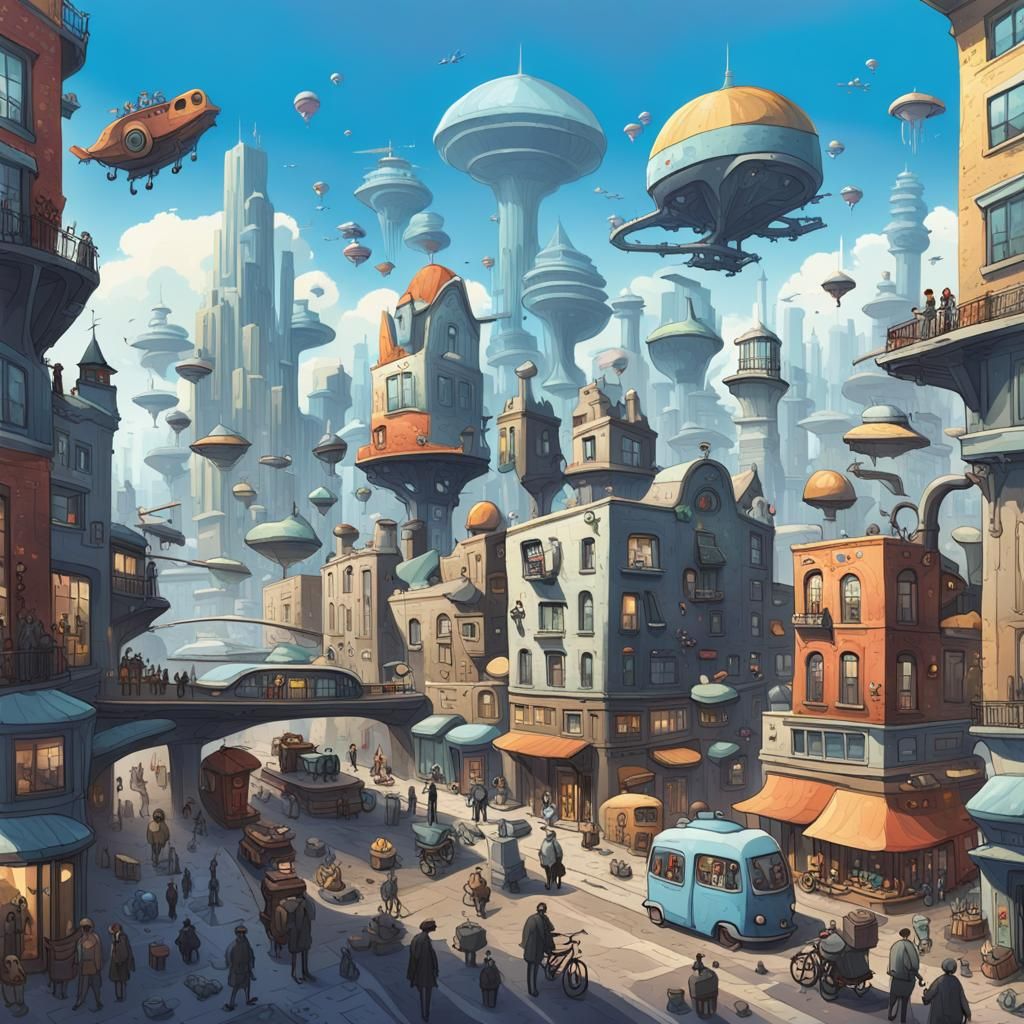 a bustling urban cityscape fantasy