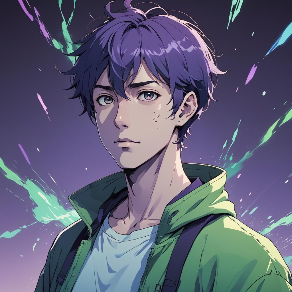 ghost, man, purple, blue, green, antennae, short hair.