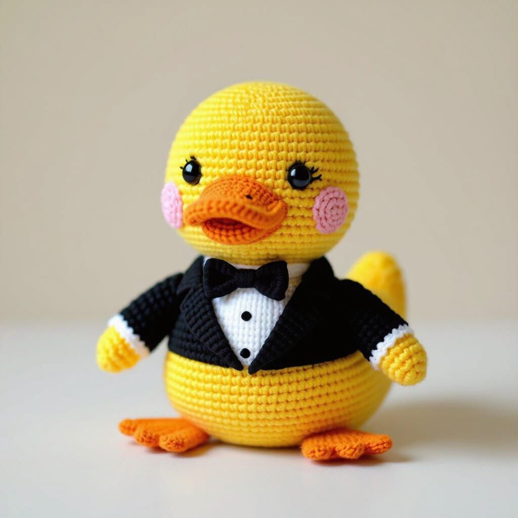 yellow crochet duck cute sausage oval shape wearing tuxedo 
