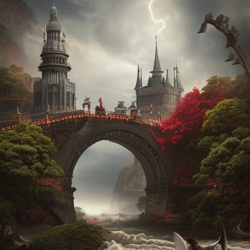 By the rude bridge that arched the flood,
   Their flag to A...