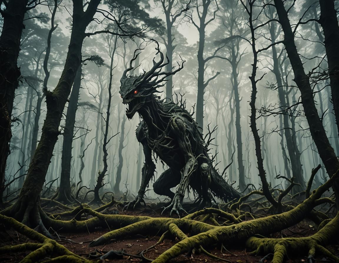 Spine-chilling eerie forests cloaked in mist. Surreal scenes featuring otherworldly eldritch creatures ...  by @MonikaW