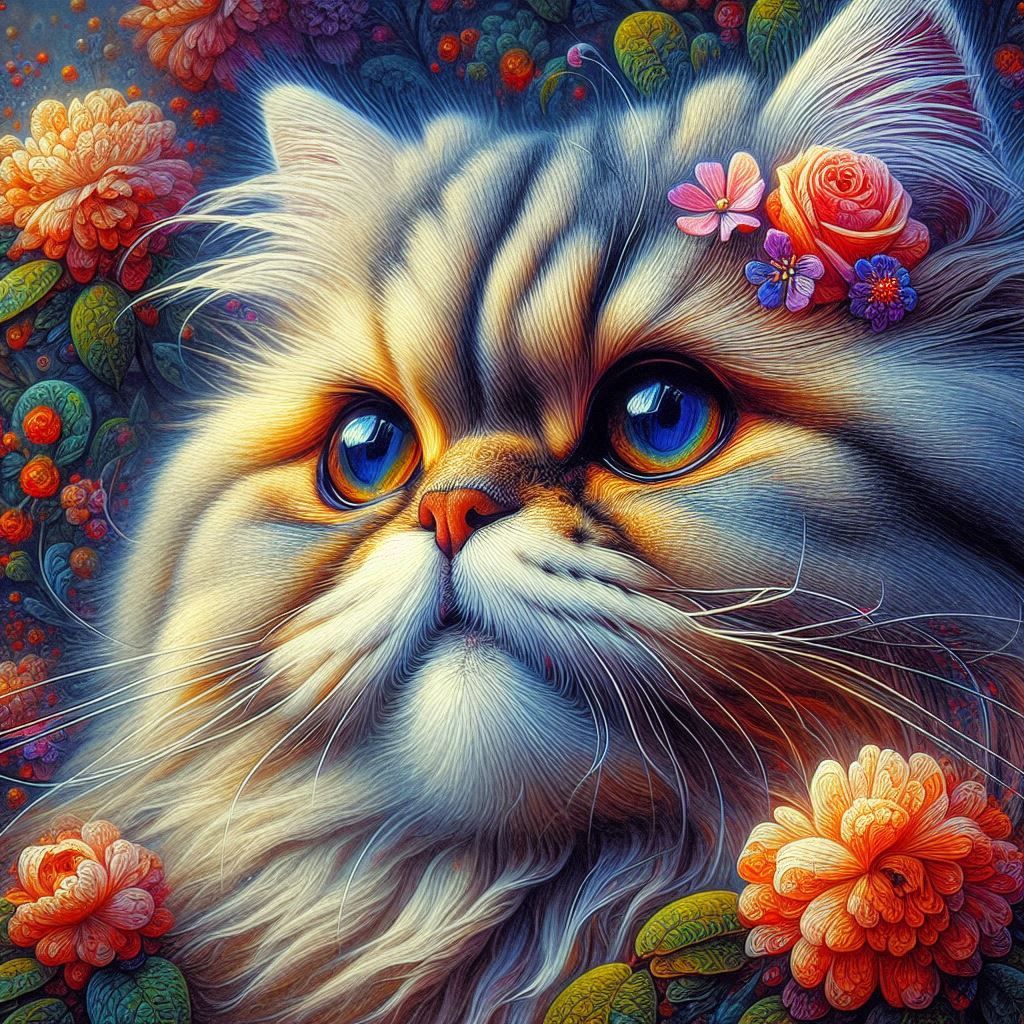 Persian Cat Portrait with Flowers