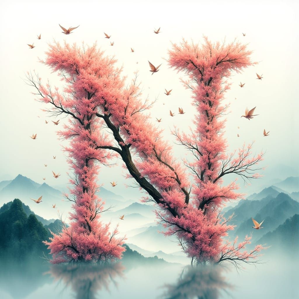 Cherry Blossom Letter N in Japanese Art Style