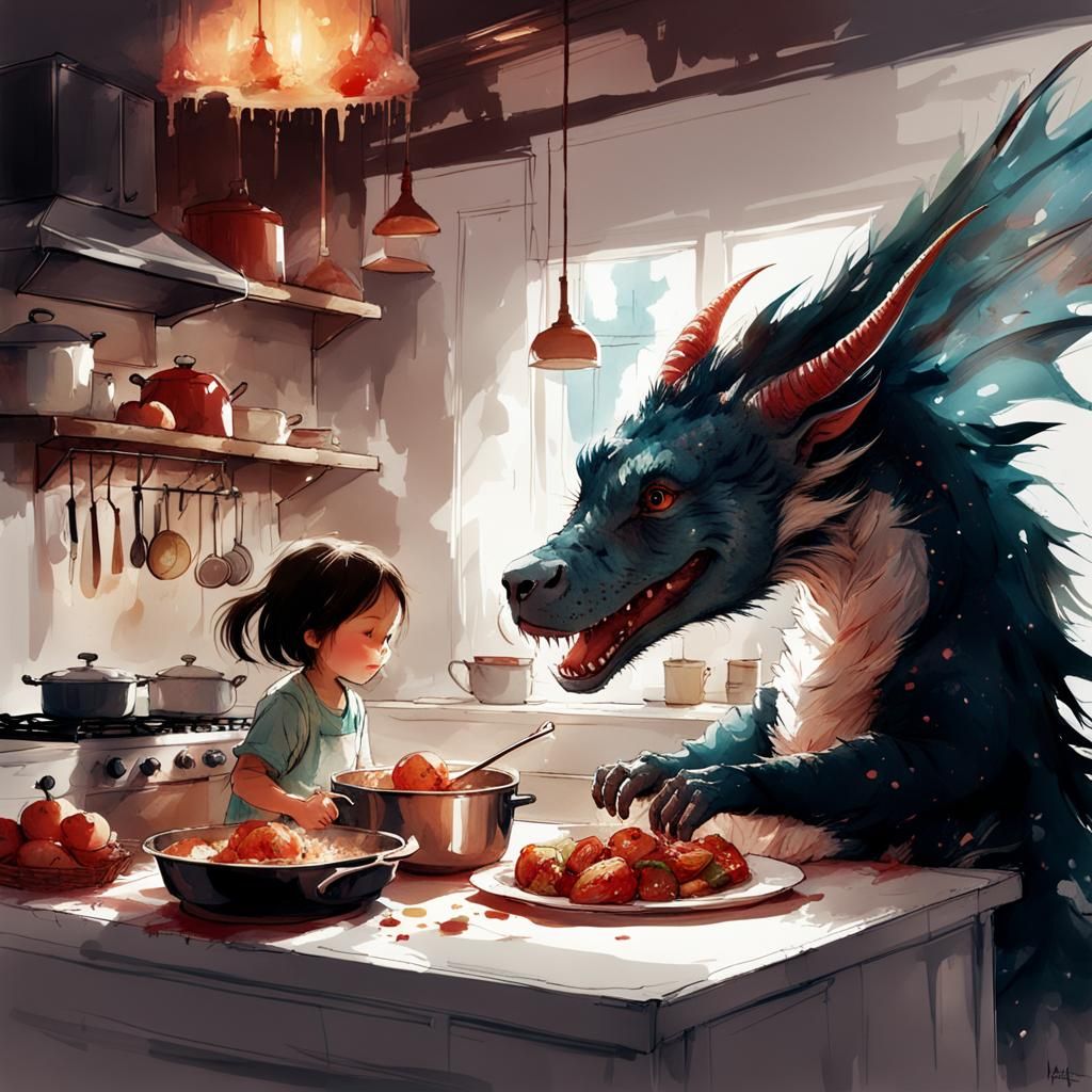 Dragon helps a girl in the kitchen  by @Cat dove