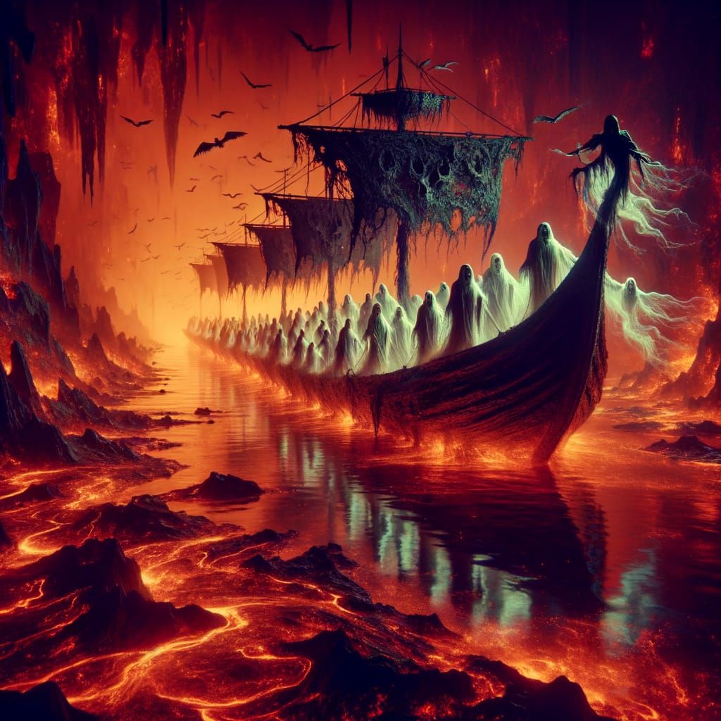 Charon's infernal ship navigating on river Acheron, on a riv...