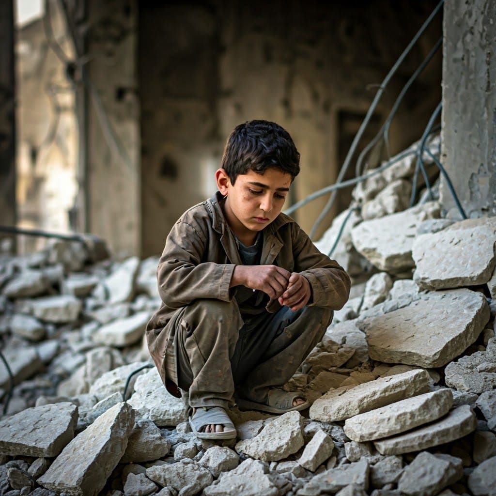 Traumatized Child Sits Amidst Gaza Village Ruins
